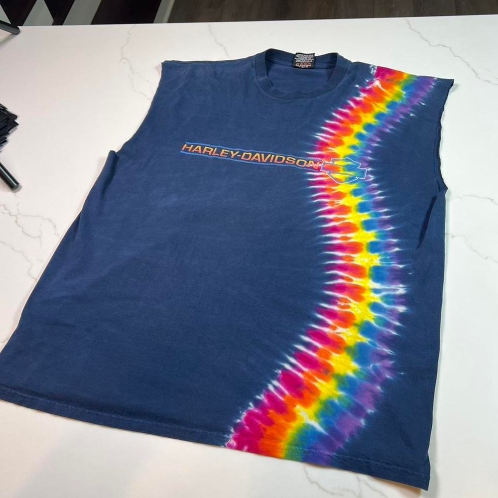 Harley Davidson Muscle Tee Mens XL Navy Blue Rainbow Tie Dye R.K. Stratman